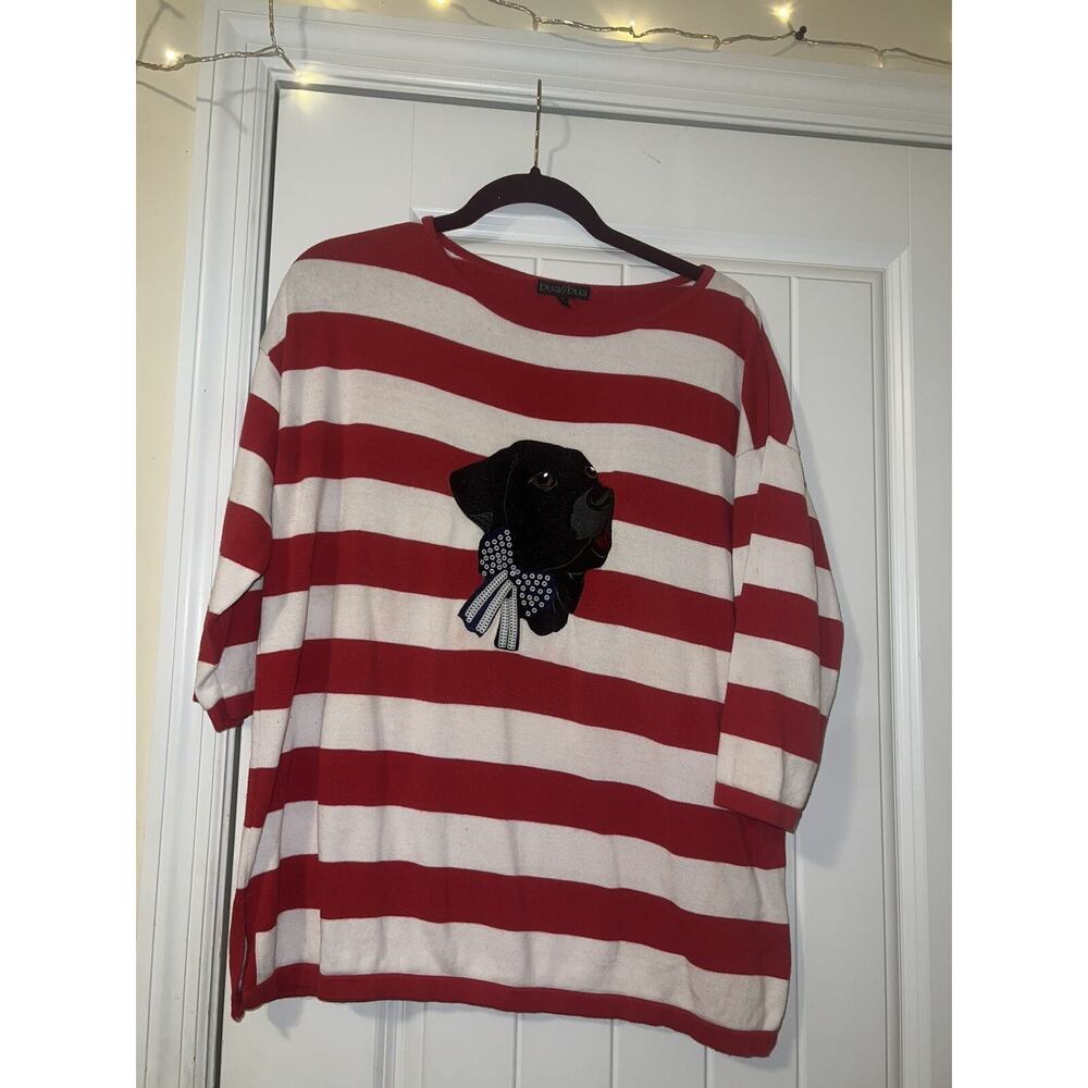 Bua Bua Top Womens Size XL Red White Striped Dog Graphic 3/4 Sleeve Cotton